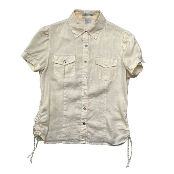 Tweeds Women's Size Small Yellow Linen Short Sleeve Button Up Shirt - Picture 1 of 10